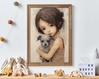犬の保育園の飾り、女の子と犬、子供用の犬のウォールアート、女の子の部屋の犬のプリント、ガーリーなウォールアートプリント、かわいい動物のアート、印刷可能な犬の飾り