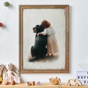 Rottweiler Nursery Decor, Girl & Dog Art Print, Rottweiler Painting, Dog Nursery Decor, Puppy Nursery Print, Printable Dog Decor for Kids