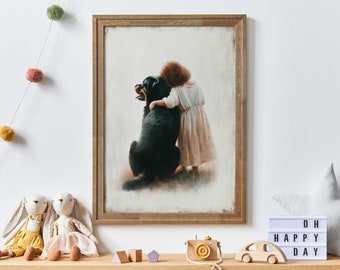 Rottweiler Nursery Decor, Girl & Dog Art Print, Rottweiler Painting, Dog Nursery Decor, Puppy Nursery Print, Printable Dog Decor for Kids