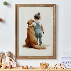 Dark Golden Retriever Art, Copper Golden Retriever Print, Girl & Golden Retriever, Dog Decor Nursery, Vintage Dog Painting,Printable Dog Art