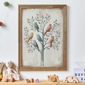 Rustic Bird Print, Vintage Bird Wall Art, Tree Wall Art, Tree Painting, Whimsical Art, Rustic Wall Art, Farmhouse Wall Decor,Printable Art