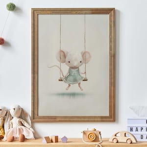 Süße Maus Poster, Maus auf der Schaukel, Maus auf der Schaukel, Kinderzimmer Deko, Tier Bild, Vintage Mädchenzimmer, DRUCKBARE Tier Illustration
