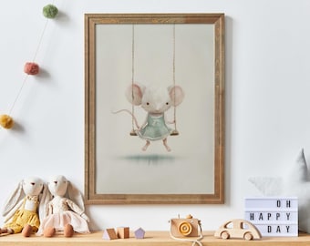 Cute Mouse Print, Mouse Nursery Art, Mouse on a Swing, Animal Nursery Decor, Whimsical Animal Art, Vintage Girls Room, PRINTABLE Animal Art