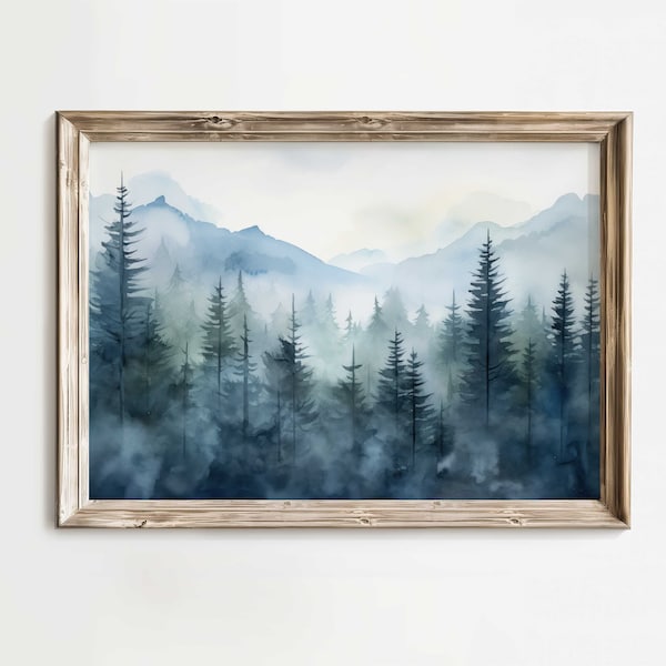 Blue Forest Art, Misty Forest Print, Watercolor Landscape, Forest Wall Art, Nature Art Print, Forest Landscape Decor, Printable Mountain Art