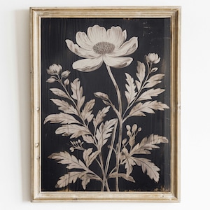 May include: A framed black and white botanical print featuring a single large flower with delicate leaves. The print is set against a dark wood background.