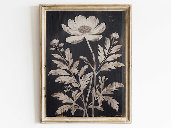 White Flower Print, Rustic Floral Wall Decor, Black Wood Wall Art, Black and White Floral Print, Farmhouse Home Decor, Printable Floral Art