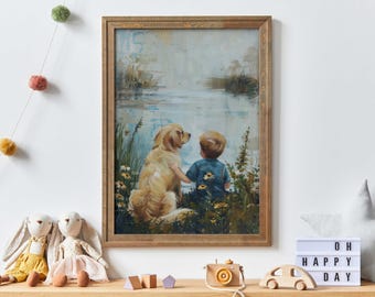 Golden Retriever Nursery Wall Art, Dog and Boy Digital Print, Golden Retriever Print, Dog Painting Boys Nursery, Printable Dog Art for Kids