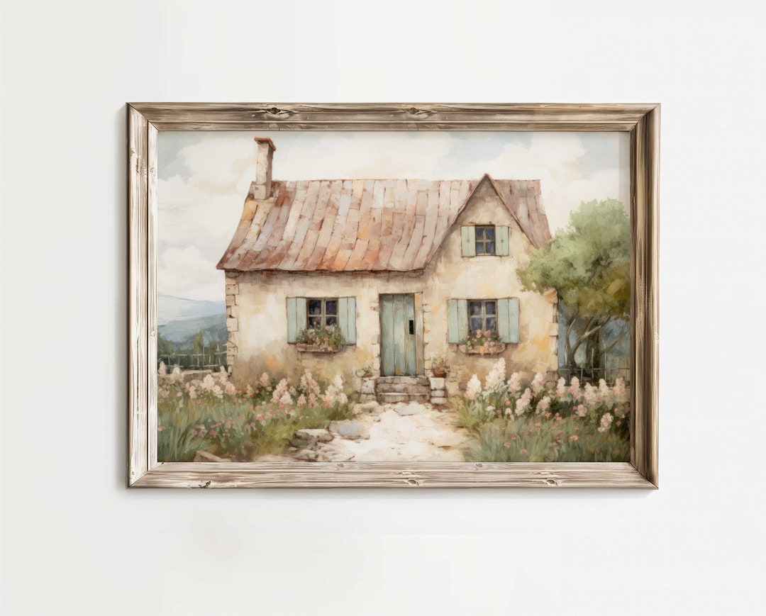 Stone Cottage Print, Cottage Painting, French Countryside Painting