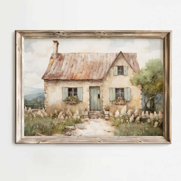 Stone Cottage Print, Cottage Painting, French Countryside Painting, Rustic Farmhouse Home Decor, Country Style Wall Art, PRINTABLE Wall Art