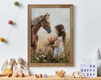Impression de chambre d'enfant cheval, petite fille et cheval, cadeau cheval, décoration de chambre d'enfant fleurs sauvages, cheval rustique, chambre de fille, art imprimable fille