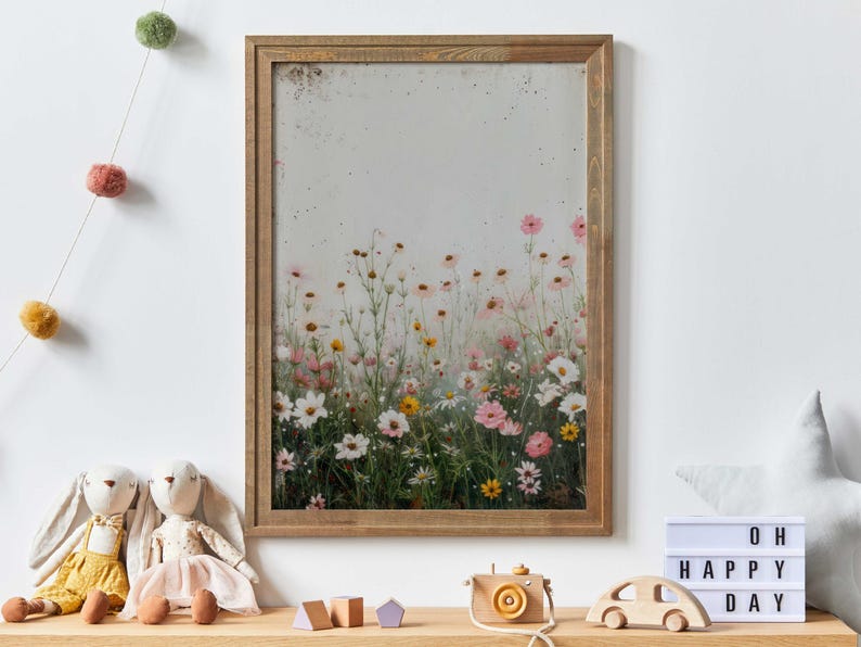 May include: A framed print of a watercolor painting featuring a field of pink, white, and yellow wildflowers. The flowers are arranged in a vertical row, with the tallest flowers at the top of the image. The background is a soft, muted gray.