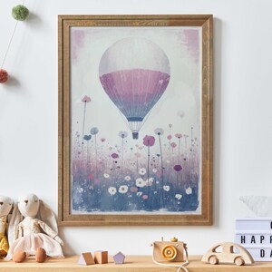 Hot Air Balloon Nursery, Air Balloon Print, Lavendel Color Nursery, Wildflower Nursery Art, Vintage Balloon Painting, PRINTABLE Nursery Art image 1