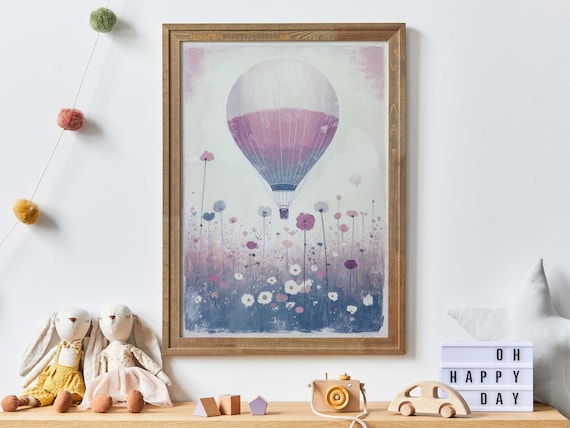 Hot Air Balloon Nursery, Air Balloon Print, Lavendel Color Nursery, Wildflower Nursery Art, Vintage Balloon Painting, PRINTABLE Nursery Art