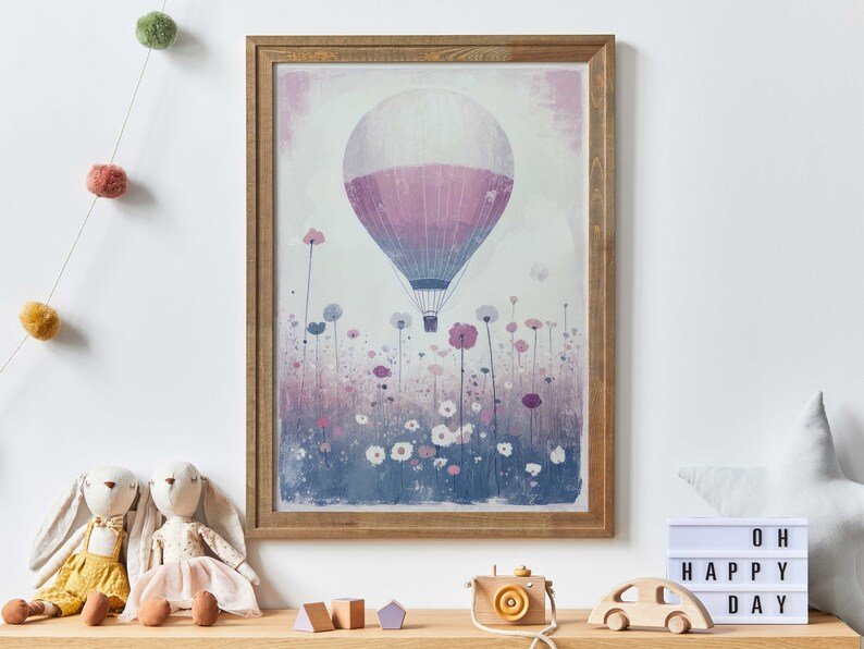 Hot Air Balloon Nursery, Air Balloon Print, Lavendel Color Nursery, Wildflower Nursery Art, Vintage Balloon Painting, PRINTABLE Nursery Art image 1
