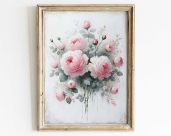 Pink Rose Print, Rose Print, Floral Farmhouse Art, Rustic Wall Decor, Rose Wall Art, French Country Style Home Decor, PRINTABLE Flower Art