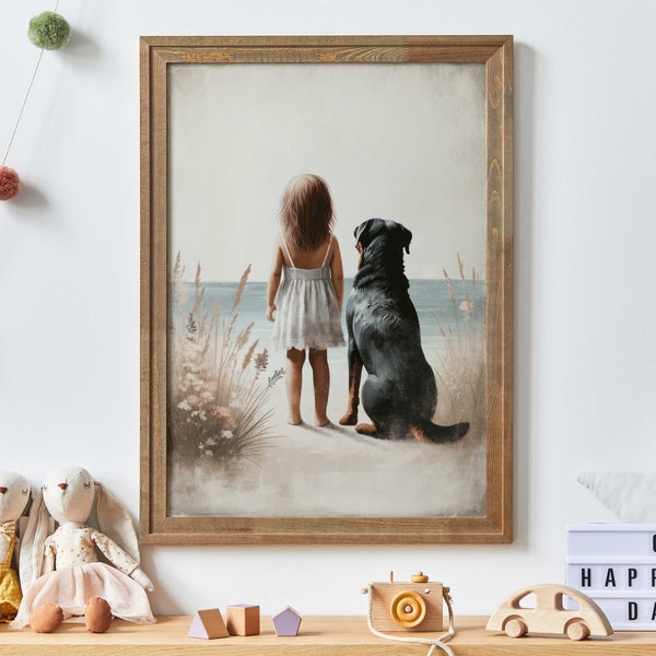 Rottweiler Nursery Art, Girl & Dog Art, Dog Nursery Decor, Rottweiler Wall Art, Girls Dog Decor, Rottweiler Painting, PRINTABLE Dog Decor