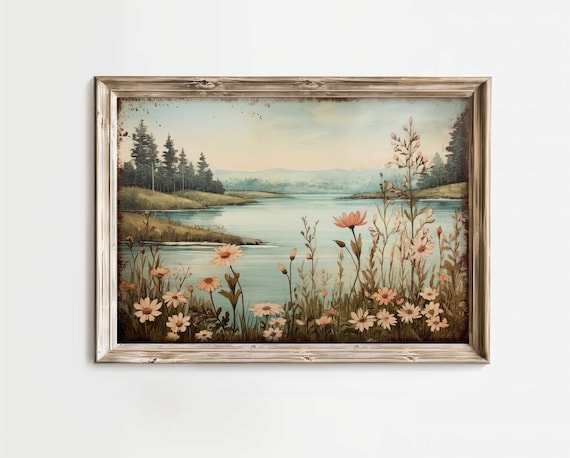 Lake Art Print, Lake Painting, Forest & Mountain Landscape, Wildflower Wall Decor, Outdoors Wall Decor, Cabin Decor, Printable Wall Art