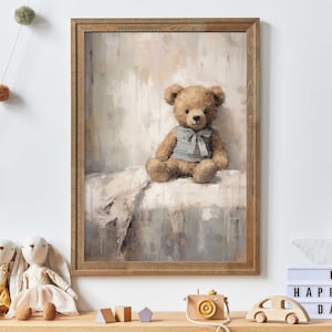 Decoración rústica para habitación de bebé, decoración de oso, impresión vintage de oso de peluche, pintura de oso de peluche, decoración neutra para habitación de bebé, arte de pared imprimible para habitación de bebé