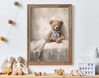 Rustikales Kinderzimmer Dekor, Bär Kinderzimmer Dekor, Vintage Teddybär Druck, Teddybär Malerei, Babyzimmer Dekor Neutral, DRUCKBARE Kinderzimmer Wandkunst
