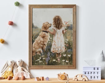 Puede incluir: Una impresión enmarcada representa a una niña con un vestido floral acariciando a un golden retriever en un campo de flores silvestres. La obra de arte tiene un estilo suave y pictórico con una paleta de colores cálidos, evocando nostalgia y amistad.