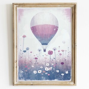Hot Air Balloon Nursery, Air Balloon Print, Lavendel Color Nursery, Wildflower Nursery Art, Vintage Balloon Painting, PRINTABLE Nursery Art image 2