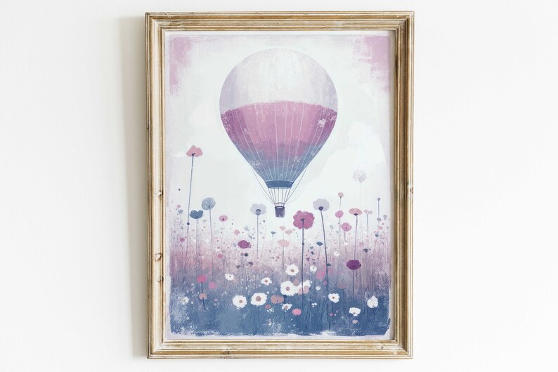 Hot Air Balloon Nursery, Air Balloon Print, Lavendel Color Nursery, Wildflower Nursery Art, Vintage Balloon Painting, PRINTABLE Nursery Art image 2
