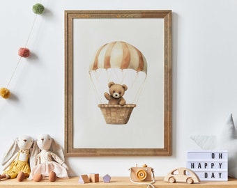 Cute Bear Nursery Art Print, Bear in Parachute, Hot Air Balloon Nursery Print, Nursery Decor, Baby Shower Gift, PRINTABLE Nursery Art