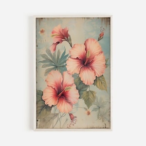 May include: A vintage-style painting of pink hibiscus flowers with green leaves on a blue and white background.