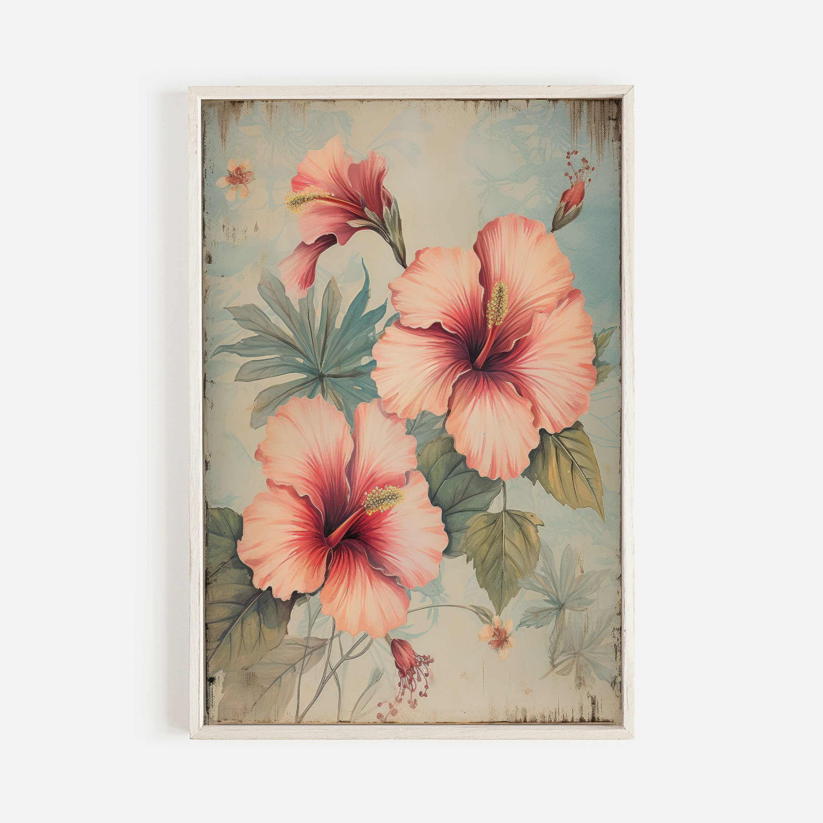 Pink Hibiscus Wall Art, Vintage Floral Decor, Rustic Flower Art Print ...