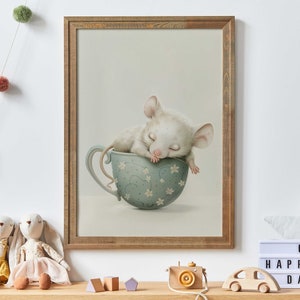 Mouse Nursery Print, Whimsical Mouse Art, Mouse in a Tea Cup, Animal Nursery Decor, Vintage Nursery, Girls Room Decor, PRINTABLE Animal Art