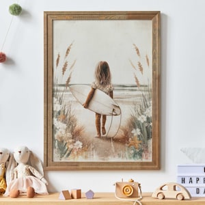 Surfing Nursery Decor Girl, Surfer Girl Art, Beach Girls Room Decor, Beach Nursery Art, Little Girl & Surfboard, Printable Surfer Art Kids