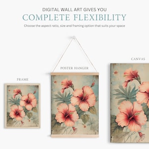 May include: A digital wall art print featuring a vintage illustration of pink hibiscus flowers with green leaves on a blue background. The image is shown in three different framing options: a frame, a poster hanger, and a canvas.