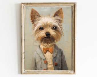 May include: A painting of a Yorkshire Terrier wearing a blue suit and an orange bow tie. The dog is looking directly at the viewer with a serious expression.