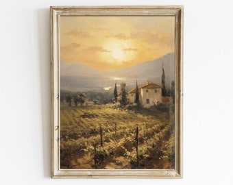 Vineyard Painting, Mediterranean Wall Art, Tuscany Italian Landscape Print, Rustic Nature Print, Printable Countryside Wall Decor