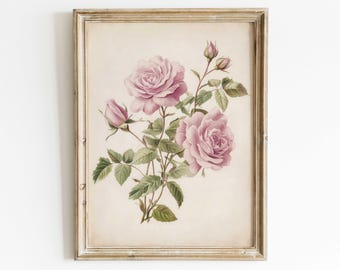 Pink Roses Print, Vintage Flower Print, Rose Wall Art Print, Rose Paintingc, Rose in Vase, Rose Wall Decor Living Room, PRINTABLE Flower Art