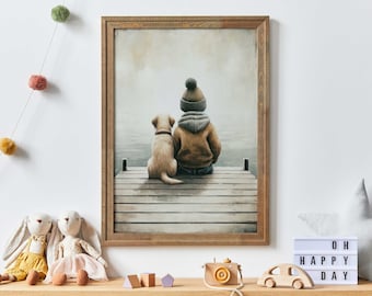 Boy and Dog, Dog Nursery Decor, Labrador Nursery Art, Nursery Wall Art, Toddler Decor Boy, Puppy Nursery Print,  Printable Dog Art for Boys