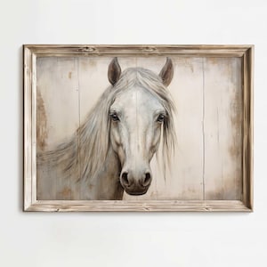 Vintage Horse Print, Perfect Horse Gift, White Horse Painting, Country Style Art, Equestrian Wall Art, Printable Rustic Farmhouse Wall Art