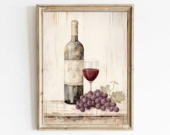 Elegante arte mural de vino y uva vintage: descarga imprimible de elegancia rústica