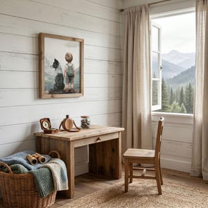 K&ouml;nnte beinhalten: Ein rustikaler Holzschreibtisch mit Schublade, ein gerahmtes Aquarellgem&auml;lde und ein Weidenkorb mit Decken und Ferngl&auml;sern. Ein Holzstuhl steht auf einem gewebten Teppich in der N&auml;he eines Fensters mit Bergblick.