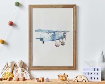 Blue Airplane Nursery Decor, Pastel Nursery Print, Transportation Nursery, Vehicle Nursery, Vintage Airplane Art, PRINTABLE Nursery Wall Art
