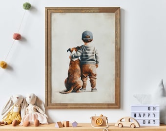 Decoración de habitación infantil de American Staffordshire Terrier, lámina de niño y perro, arte de Amstaff, arte de habitación infantil de perros, arte canino para niños, decoración de habitación infantil, arte imprimible para niños