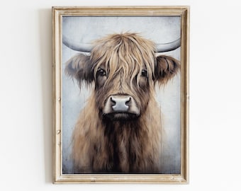 Highland Cow Wall Art, Rustic Cow Painting, Farmhouse Home Decor, Vintage Highland Cow Portrait, Printable Country Style Home Decor