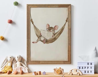 Mouse Nursery Art, Whimsical Mouse Nursery Decor, Vintage Wall Art, Mouse Art Print, Vintage Girl Room Decor, PRINTABLE Vintage Nursery Art