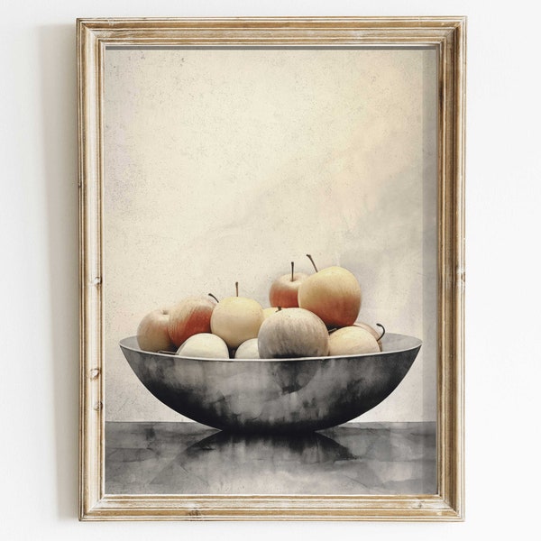 Minimalist Fruit Bowl Still Life Wall Art, Vintage Rustic Home Decor, Kitchen Wall Decor, Apple Fruit Painting, Digital Printable Artwork