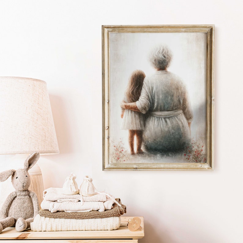 May include: A framed painting of an older woman and a young girl sitting together. The woman has her arm around the girl, and they are both looking away from the viewer. The painting is done in a soft, muted palette of blues, grays, and pinks.