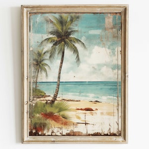 Tropical Beach Print, Beach Wall Art, Vintage Beach Painting, Palm Tree Art Print, Rustic Home Decor, Printable Coastal Wall Decor
