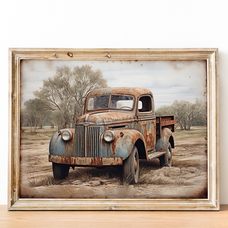 May include: A vintage, rusty blue pickup truck with a wooden bed sits in a field with trees in the background. The truck is weathered and has a faded paint job.