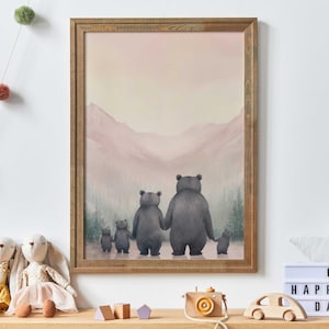 Bear Woodland Art, Bear Family Painting, Bear Girl Nursery Art, Family of 5, Animal Family Print Nursery, Woodland Art, Printable Family Art