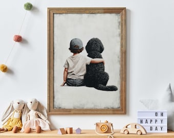 May include: A framed print depicts a child in a baseball cap with their arm around a black dog. The artwork has a neutral color palette and is displayed on a white wall. The frame is a warm brown color. The words "OH HAPPY DAY" are displayed on a light box.