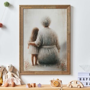May include: A framed painting of an older woman and a young girl standing side by side. The woman is wearing a long, light gray dress and the girl is wearing a white dress. The painting is set against a light background with a subtle floral pattern.